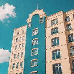 Fototapeta premium Pastel Building Facade with Teal Accent, Sunny Sky