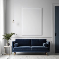 Modern Living Room Interior with Blue Velvet Sofa and Mockup Poster