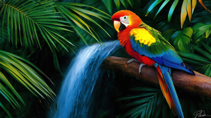 Fototapeta premium A vibrant parrot perched on a branch near a waterfall, surrounded by lush green foliage, showcasing colorful feathers in a tropical setting.