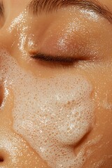 Fototapeta premium Woman washing face with foamy cleanser in bathroom, close up. Skin care product ad
