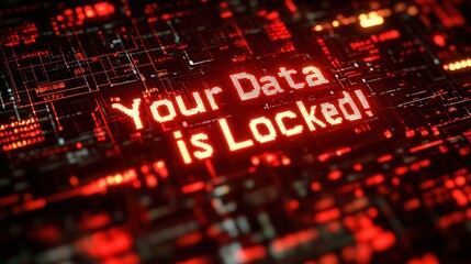 red warning message reading "Your Data is Locked!" with glitch effects and digital corruption elements