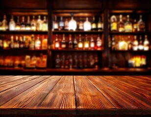 wooden surface of a bar with a backdrop of alcohol bottles, inviting and ready for a night of drinks and enjoyment