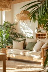 Fototapeta premium Cozy living room with sunlight, plants and cushions, for a relaxing vacation