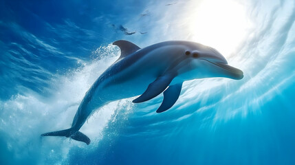 Fototapeta premium A stunning dolphin swims gracefully beneath the clear ocean water, showcasing its beauty and agility in a vibrant underwater world.