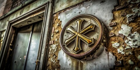 Fototapeta premium Dark, mysterious urban exploration reveals a vintage Chi Rho, its Christian symbol battling decay and street art.