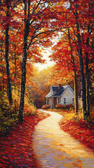 Obraz premium Autumn forest cottage warm golden light rustic house glowing windows enchanted woodland cozy path falling leaves peaceful evening scenic landscape digital painting fantasy dreamy village mystical path