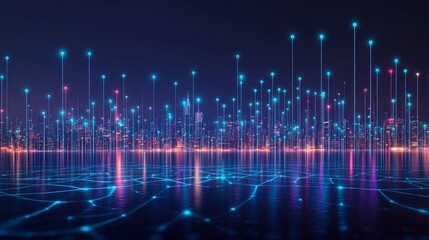 Futuristic city skyline with glowing data streams and interconnected network reflections