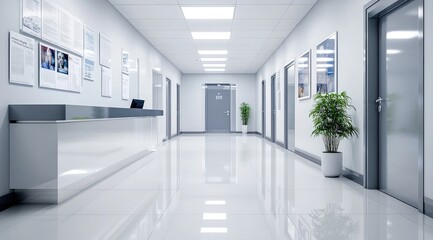 Modern, empty corridor in a sterile, well-lit office building, with informational posters on walls, a reception desk, and potted plants