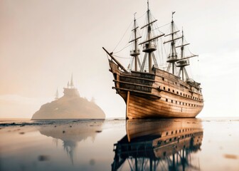 Obraz premium Double exposed Vasa shipwreck, stark black and white; a Stockholm museum's somber treasure.