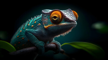 Fototapeta premium A vibrant close-up of a chameleon perched on a branch, showcasing its colorful skin and striking features amidst lush greenery.