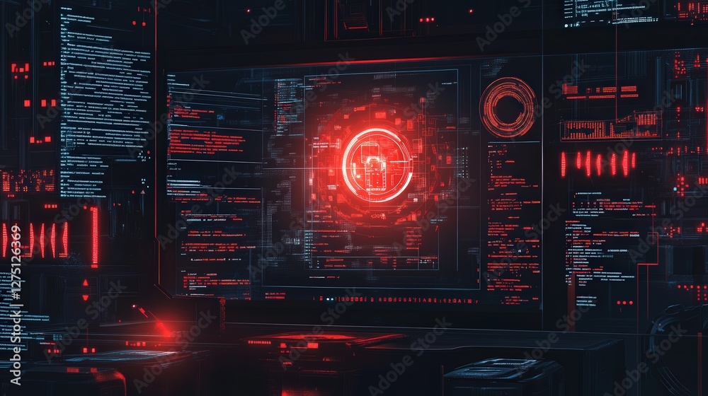 Poster ransomware warning with red alert messages and a locked system interface.
