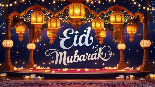 A majestic podium with glowing Islamic lanterns, "Eid Mubarak" in silver Arabic script, set against a starry night sky with fairy lights, rose petals, and Persian rugs, creating a festive Eid ambiance - Powered by Adobe