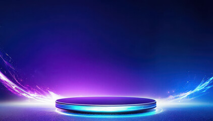 A vibrant, illuminated platform with swirling shades of blue and purple, ideal for showcasing products or presentations.