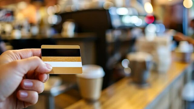 Customer makes payment with credit card at busy cafe during morning hours, Customer in cafe makes payment with credit card while queue of customers wait