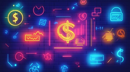 neon sign with glowing symbols of financial planning and budget allocation, illustrating an investment strategy for wealth and financial stability