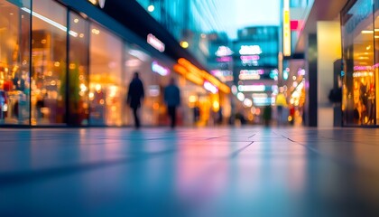 Naklejka premium Blurred city street scene at night featuring bright colorful lights