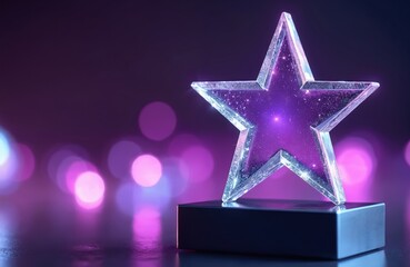 Crystal star trophy on purple bokeh background. Shiny star shape award with elegant bright design for grand prize, victory celebration, success reward.