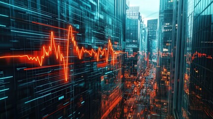 digital heartbeat monitor displayed across skyscrapers surges erratically, reflecting the market instability and the distress of traders below.