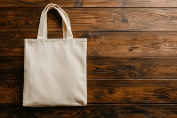 Canvas tote bag on wood surface, flat lay for mockup, eco product promotion