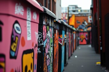 Colorful graffitied garbage bins aligned in alleyway with artistic buildings