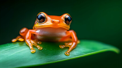 Obraz premium A vibrant orange frog perched on a green leaf, showcasing its unique features against a blurred natural background.