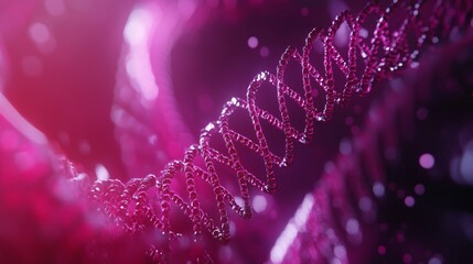 Digital dna helix structure under microscope, abstract scientific visualization of genetic research and biotechnology concept



