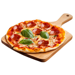 Delicious Pepperoni Pizza with Fresh Basil on a Wooden Board Against a transparent Background