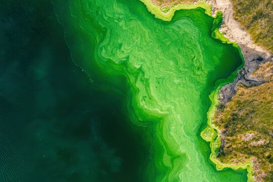 Green algae bloom at lake shoreline, aerial view. For environmental reports