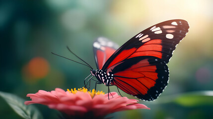 Fototapeta premium A vibrant red butterfly perched delicately on a blooming flower, capturing the beauty of nature in stunning detail.