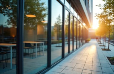 Blurred glass wall of modern office building in business center use for background. Abstract corporate windows. Urban architecture exterior with city reflection at sunset with lens flare. Nobody