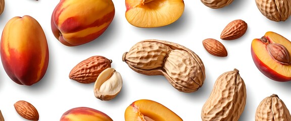 Peaches, Peanuts, and Almonds on White Background