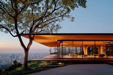 House with panoramic city view. Tranquil, high-end living, architecture design