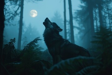 Fototapeta premium Wolf howls at the moon in dark woods. Fog and moonlight create mystic atmosphere