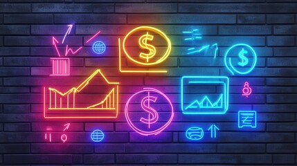 digital neon sign showing budget allocation and financial planning, with bright glowing charts and the strategic placement of investment symbols.