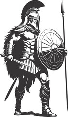 A highly detailed black and white vector illustration of a Spartan warrior from the waist up. The warrior wears an iconic Corinthian helmet with a tall plume, covering most of his face except for the 