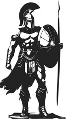 A highly detailed black and white vector illustration of a Spartan warrior from the waist up. The warrior wears an iconic Corinthian helmet with a tall plume, covering most of his face except for the 