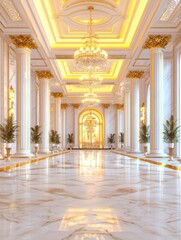 Fototapeta premium An opulent hallway featuring tall columns, marble flooring, and elegant chandeliers, illuminated by warm lighting, exuding luxury and grandeur.
