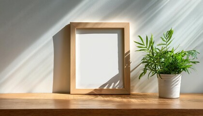 Minimalist White Frame Mockup in a Cozy Wooden Setting, Accentuated by a Green Plant and Isolated Against an Artistic White Wall, Emphasizing Simplicity and Serenity