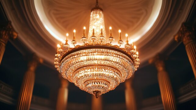 A stunning chandelier glistens from the ceiling, illuminating the space with warm light, showcasing intricate design and elegance.