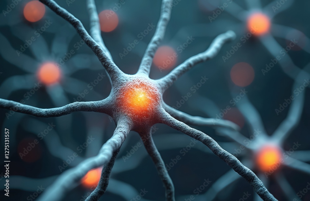 Poster illustration of interconnected neurons with orange light in neural network. close-up shows cellular 