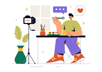 Food Blogger Vector Illustration featuring an Influencer Reviewing and Sharing Culinary Experiences on a Blog at a Restaurant in a Flat Background