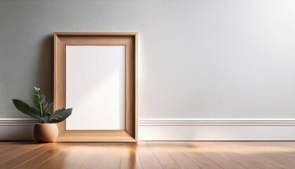 Minimalist Vertical Wooden Mockup Modern Poster Frame Silhouette Elegantly Staged on a Neutral Room Wall, Emphasizing Clean Lines and Simplistic Aesthetics for Digital Art, Home Decor, or Design
