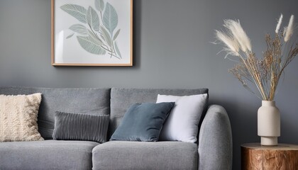 Minimalistic Gray Living Room Interior A Modern Space with Wooden Cube, Flowers, and Vibrant Flair at Dusk