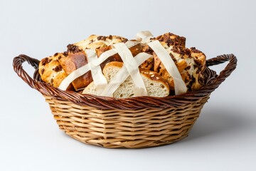 Bread assortment in woven basket tied with ribbon for sale or homemade gift