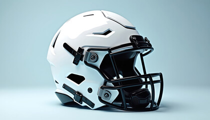 Close-up of stylish white football helmet with sleek black design for sports gear showcasing and safety in athletic environments. Protective headgear for player, college athlete.