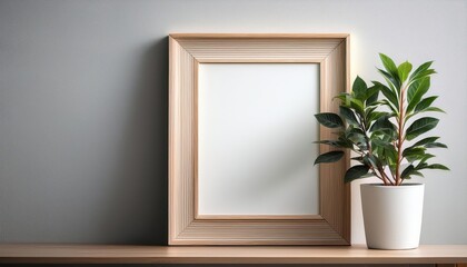 Striking Minimalist Blank Frame Enhanced by a Vibrant Potted Plant, Offering Versatile Artistic Opportunities and Elegant Home Decor