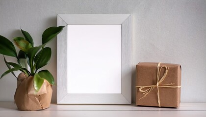 Minimalistic White Photo Frame Poster Mockup Wooden Frame With Gift Wrapped Brown, Set Against a Blank Background, Perfect for Digital Art, Home Decor, or Design Inspiration.