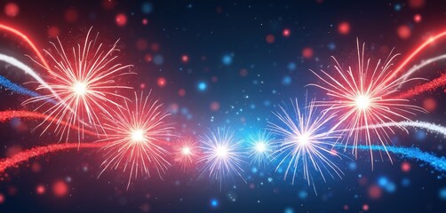 Naklejka premium Festive patriotic illustration with fireworks sparks, glitters in red, white, blue. Perfect for celebrating 4th of July, Independence Day, Memorial Day. Use for banners, posters, cards, patriotic