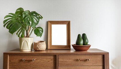 Minimalistic Vintage Composition Rustic Wooden Commode and Avocado Plants in a Brown Mock Up Frame, Embracing Earthy Warmth and Natural Textures
