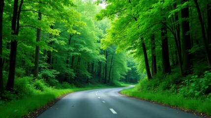 Obraz premium A scenic winding road through a lush, vibrant green forest canopy, creating a tranquil and peaceful atmosphere